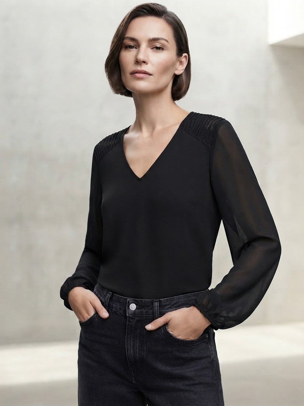 Calvin Klein NWT Black Pleated Shoulder Chiffon Sleeve V-Neck Blouse Size M